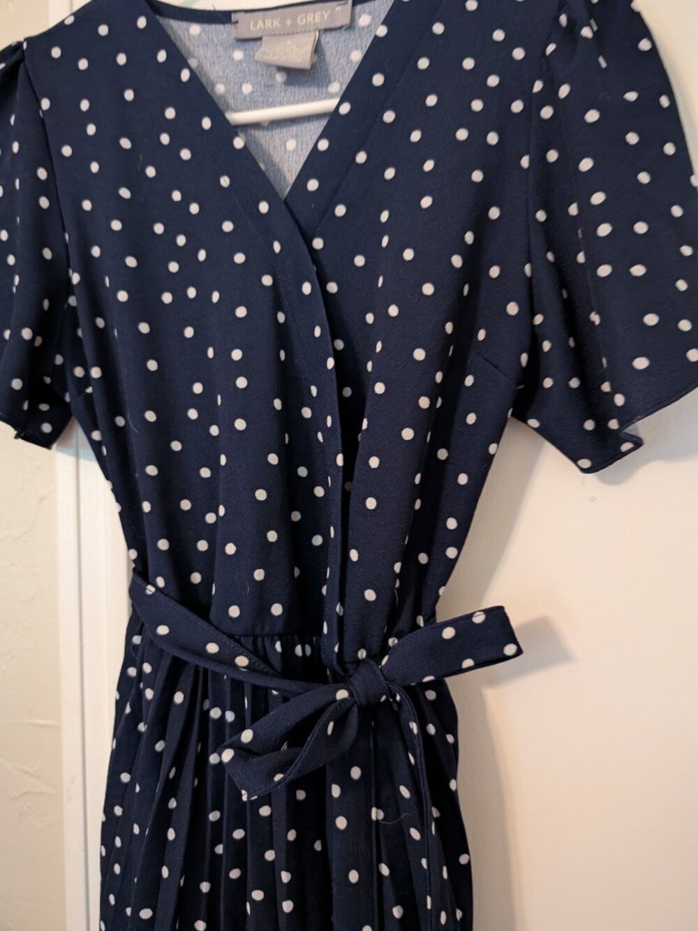 Navy blue polkadot dress, nursing friendly